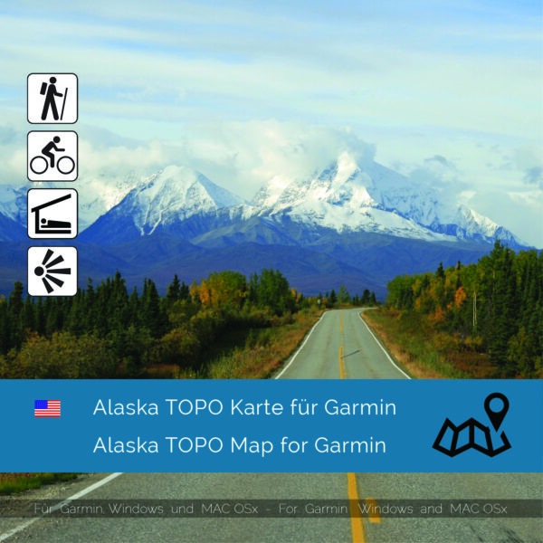 Topographic Map Alaska for Garmin navigation devices. Map is Plug & Play. Download including the Map-Installer for Win / Mac PC