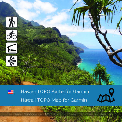 Topographic Map Hawaii for Garmin navigation devices. Map is Plug & Play. Download including the Map-Installer for Win / Mac PC